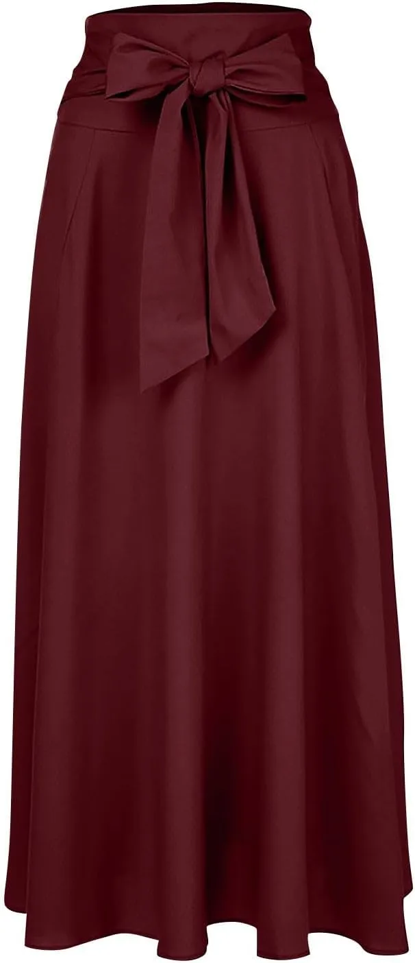 High Waisted Maxi Skirts for Women Solid Pleated Skirt A Line Ankle Length Bow Tie Flowy Long Skirt with Pockets
