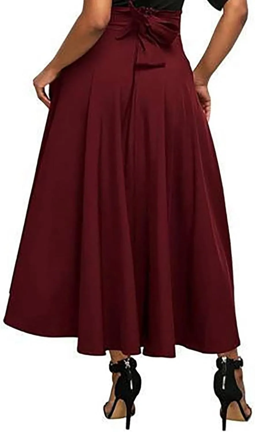 High Waisted Maxi Skirts for Women Solid Pleated Skirt A Line Ankle Length Bow Tie Flowy Long Skirt with Pockets