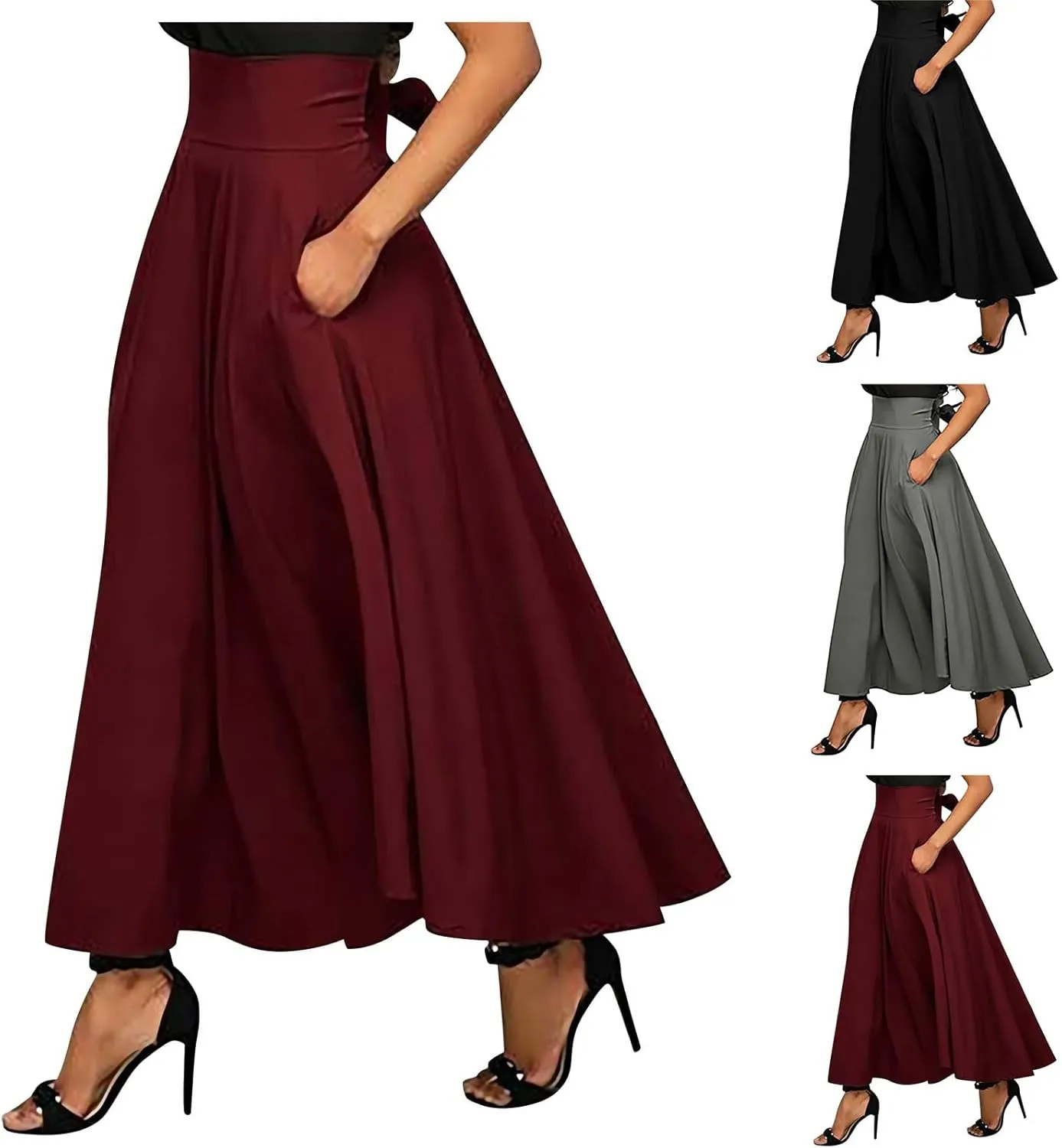 High Waisted Maxi Skirts for Women Solid Pleated Skirt A Line Ankle Length Bow Tie Flowy Long Skirt with Pockets