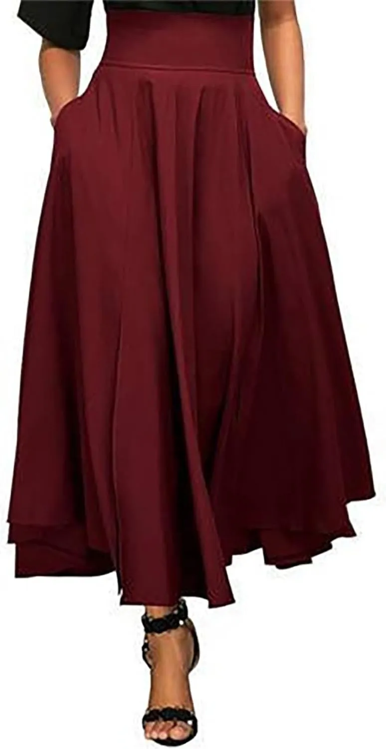 High Waisted Maxi Skirts for Women Solid Pleated Skirt A Line Ankle Length Bow Tie Flowy Long Skirt with Pockets