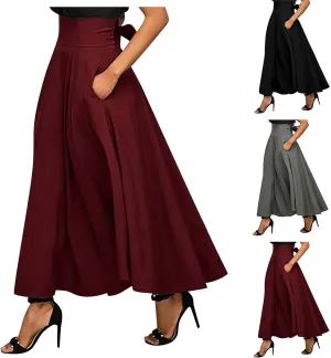 High Waisted Maxi Skirts for Women Solid Pleated Skirt A Line Ankle Length Bow Tie Flowy Long Skirt with Pockets