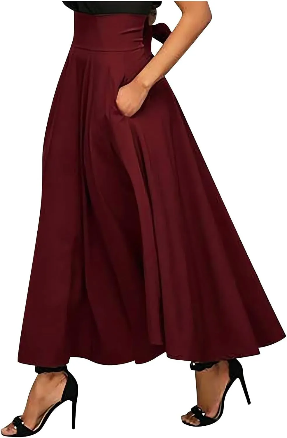 High Waisted Maxi Skirts for Women Solid Pleated Skirt A Line Ankle Length Bow Tie Flowy Long Skirt with Pockets