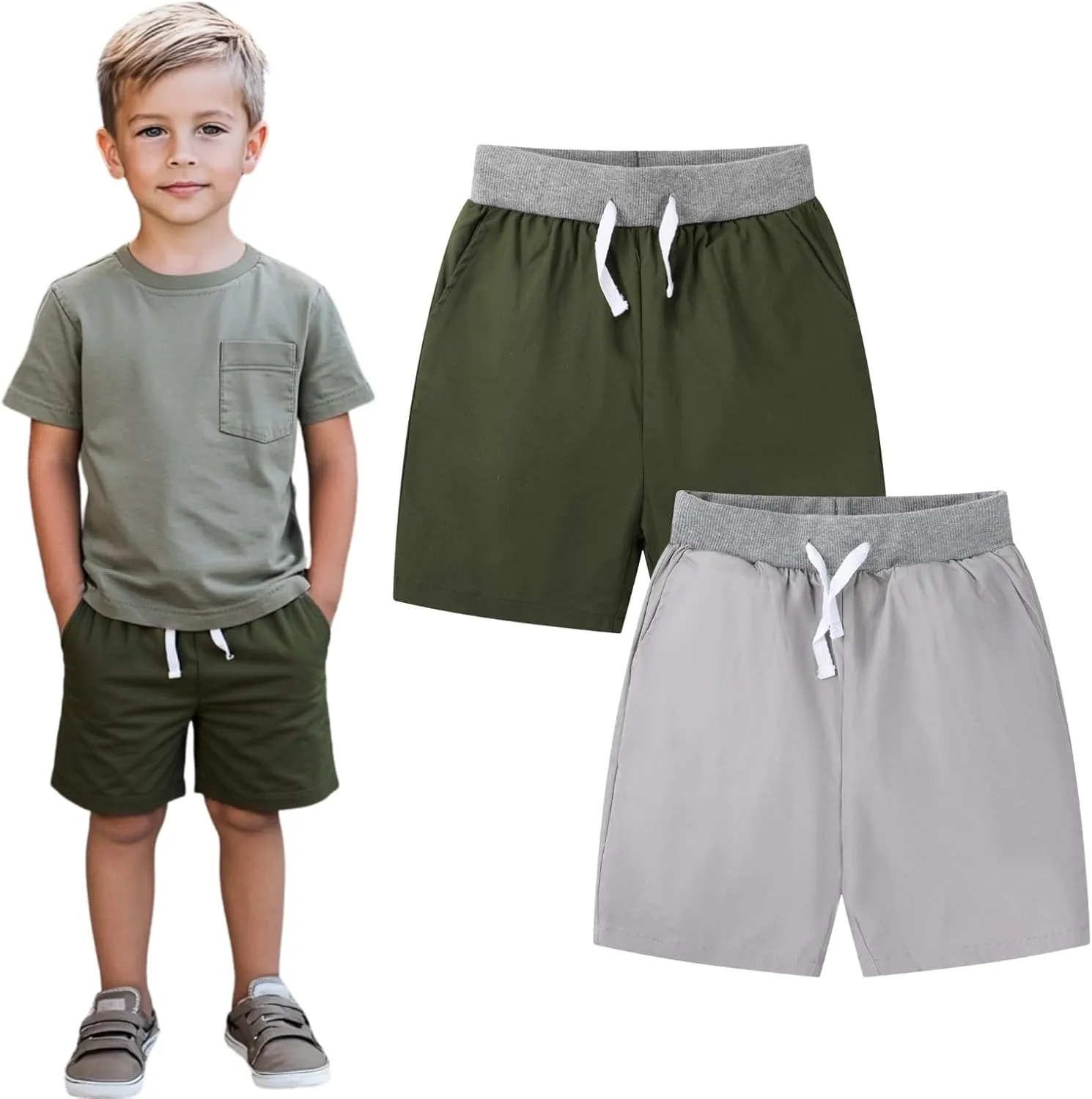HILEELANG Toddler Boy Chino Shorts Summer Cotton Stretch Drawstring School Uniform Jogger Shorts 2 Pack