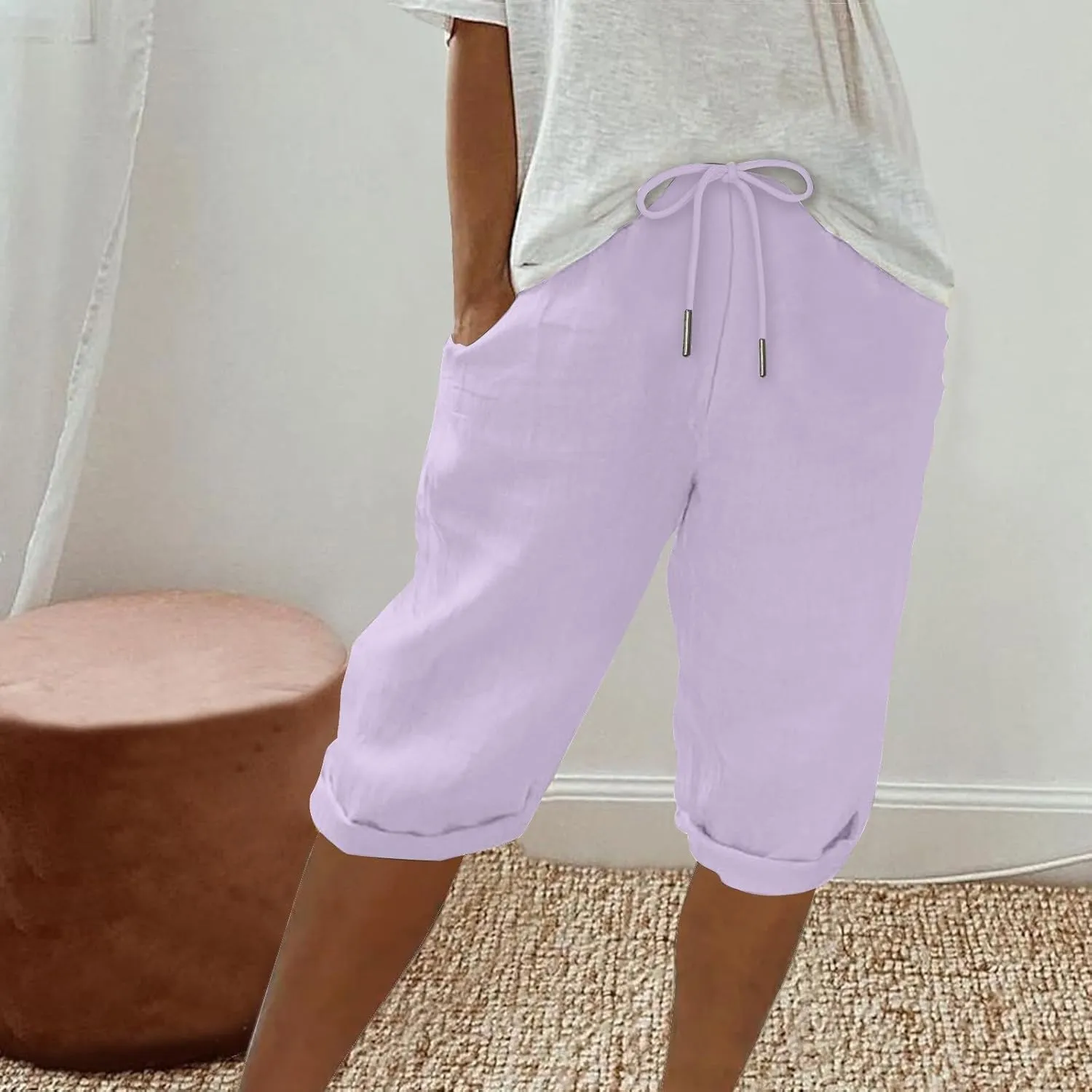 hlysgo Linen Shorts for Women Knee Length Bermuda Shorts 2025 Summer High Waist Drawstring Casual Beach Shorts with Pockets