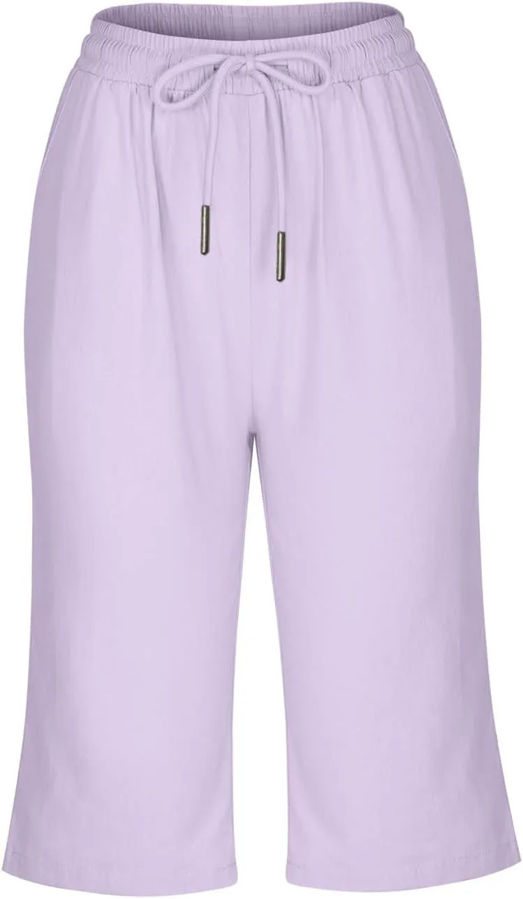 hlysgo Linen Shorts for Women Knee Length Bermuda Shorts 2025 Summer High Waist Drawstring Casual Beach Shorts with Pockets