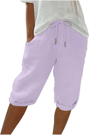 hlysgo Linen Shorts for Women Knee Length Bermuda Shorts 2025 Summer High Waist Drawstring Casual Beach Shorts with Pockets