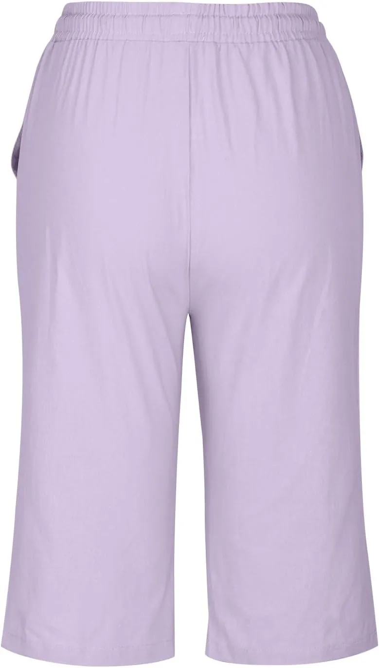 hlysgo Linen Shorts for Women Knee Length Bermuda Shorts 2025 Summer High Waist Drawstring Casual Beach Shorts with Pockets