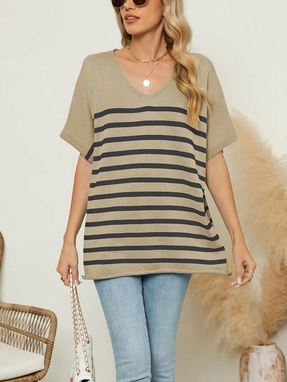 iChunhua Oversized T Shirts for Women Striped V-Neck Short Sleeve Casual Tee Summer Knit Sweater Tops