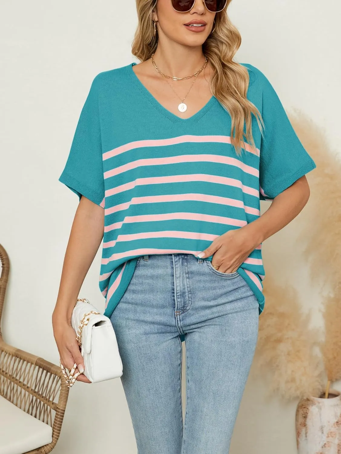 iChunhua Oversized T Shirts for Women Striped V-Neck Short Sleeve Casual Tee Summer Knit Sweater Tops