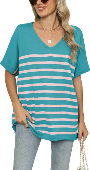 iChunhua Oversized T Shirts for Women Striped V-Neck Short Sleeve Casual Tee Summer Knit Sweater Tops