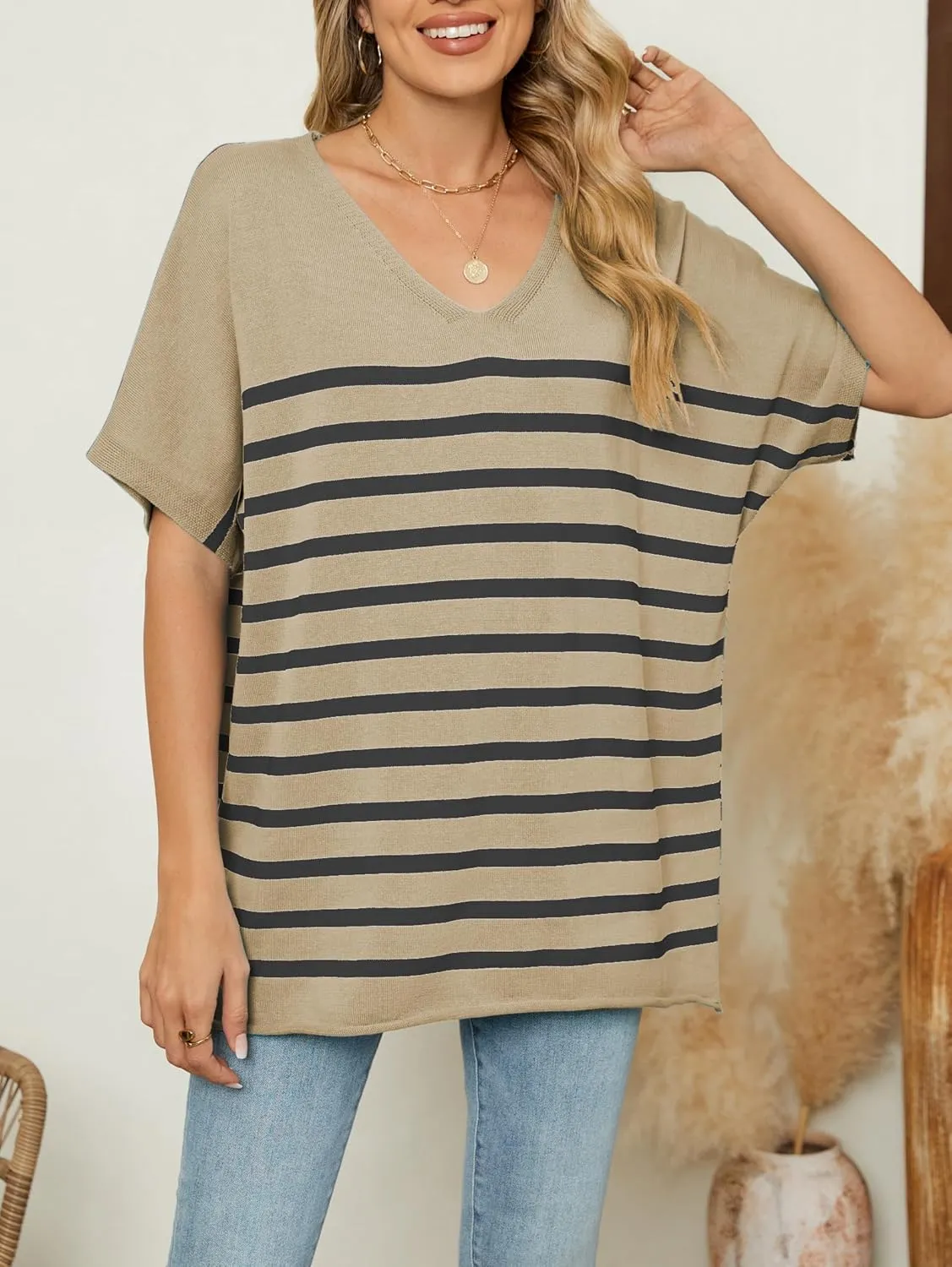 iChunhua Oversized T Shirts for Women Striped V-Neck Short Sleeve Casual Tee Summer Knit Sweater Tops