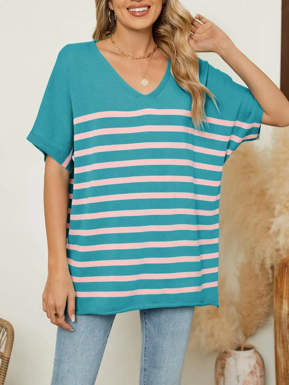 iChunhua Oversized T Shirts for Women Striped V-Neck Short Sleeve Casual Tee Summer Knit Sweater Tops