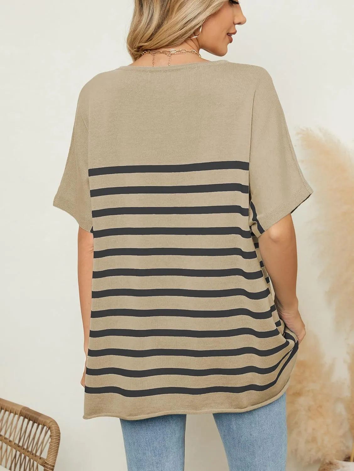 iChunhua Oversized T Shirts for Women Striped V-Neck Short Sleeve Casual Tee Summer Knit Sweater Tops