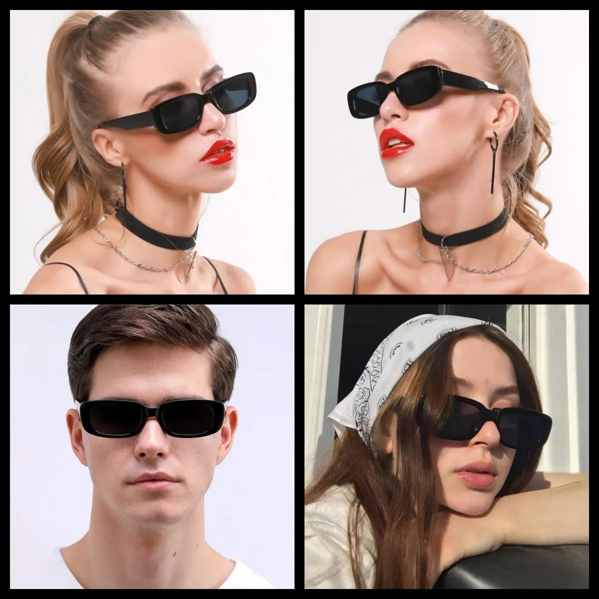 IKANOO Retro Rectangle Sunglasses for Women Men Small Square Frame Trendy Y2K 90’s Black Sunglasses