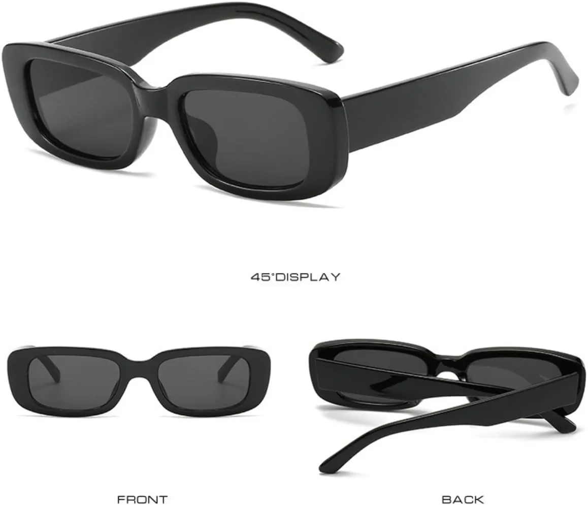 IKANOO Retro Rectangle Sunglasses for Women Men Small Square Frame Trendy Y2K 90’s Black Sunglasses