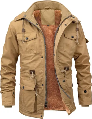INVACHI Men's Winter Jacket Cotton Military Jackets Fleece Lined Thick Work Coats Warm Cargo Jackets with Hooded Pockets
