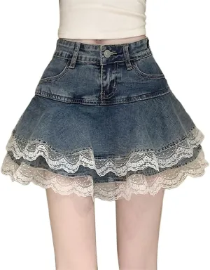 Jean Mini Skirts for Women High Waist Y2K Lace Trim Pleated Skater Denim Skirt with Shorts