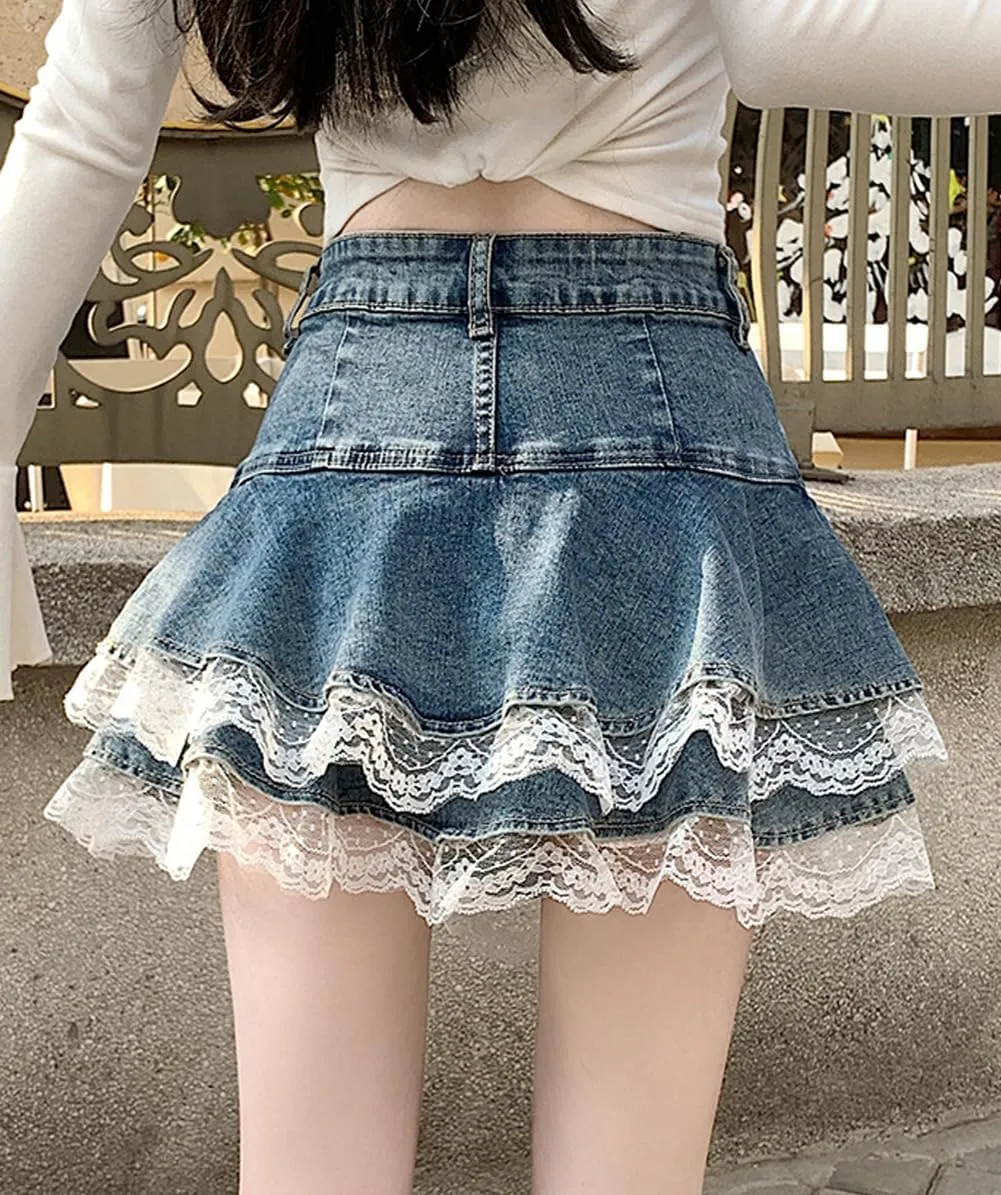 Jean Mini Skirts for Women High Waist Y2K Lace Trim Pleated Skater Denim Skirt with Shorts