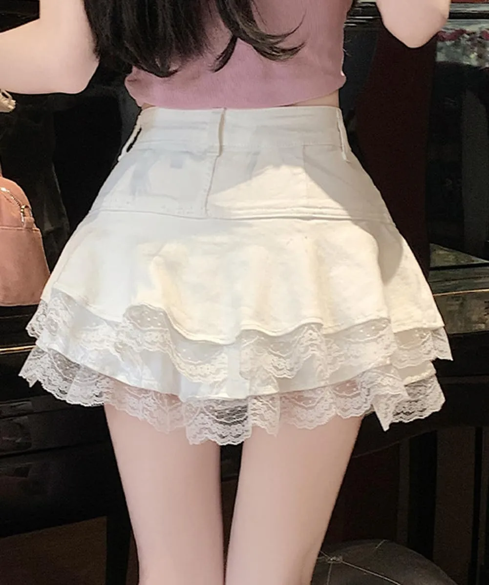 Jean Mini Skirts for Women High Waist Y2K Lace Trim Pleated Skater Denim Skirt with Shorts