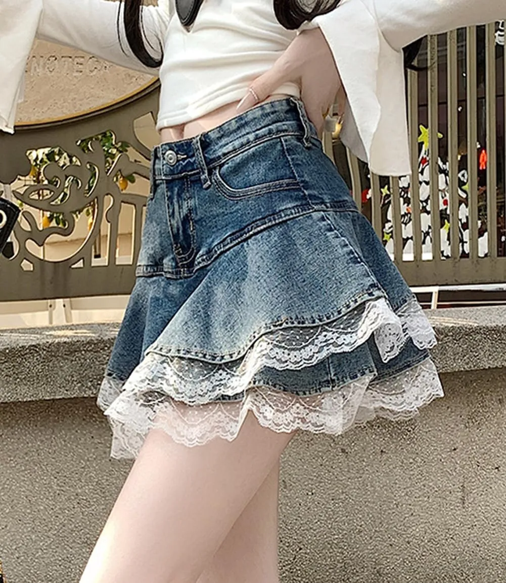 Jean Mini Skirts for Women High Waist Y2K Lace Trim Pleated Skater Denim Skirt with Shorts
