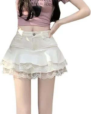 Jean Mini Skirts for Women High Waist Y2K Lace Trim Pleated Skater Denim Skirt with Shorts