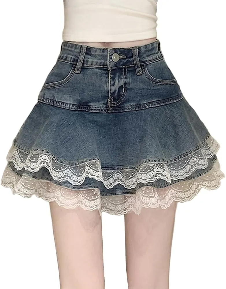 Jean Mini Skirts for Women High Waist Y2K Lace Trim Pleated Skater Denim Skirt with Shorts