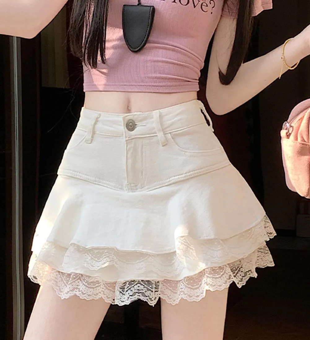 Jean Mini Skirts for Women High Waist Y2K Lace Trim Pleated Skater Denim Skirt with Shorts