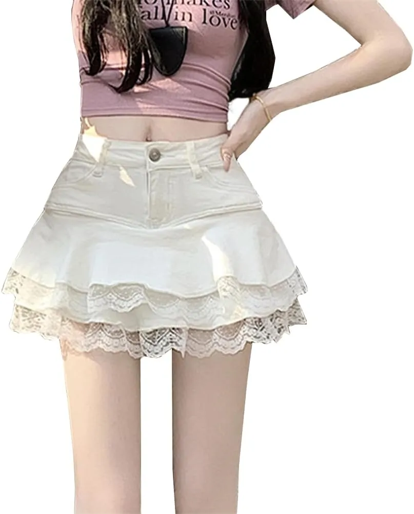 Jean Mini Skirts for Women High Waist Y2K Lace Trim Pleated Skater Denim Skirt with Shorts