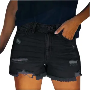 Jean Shorts Women Mid Rise Ripped Jean Shorts Stretchy Retro Denim Shorts Folded Hem Hot Short