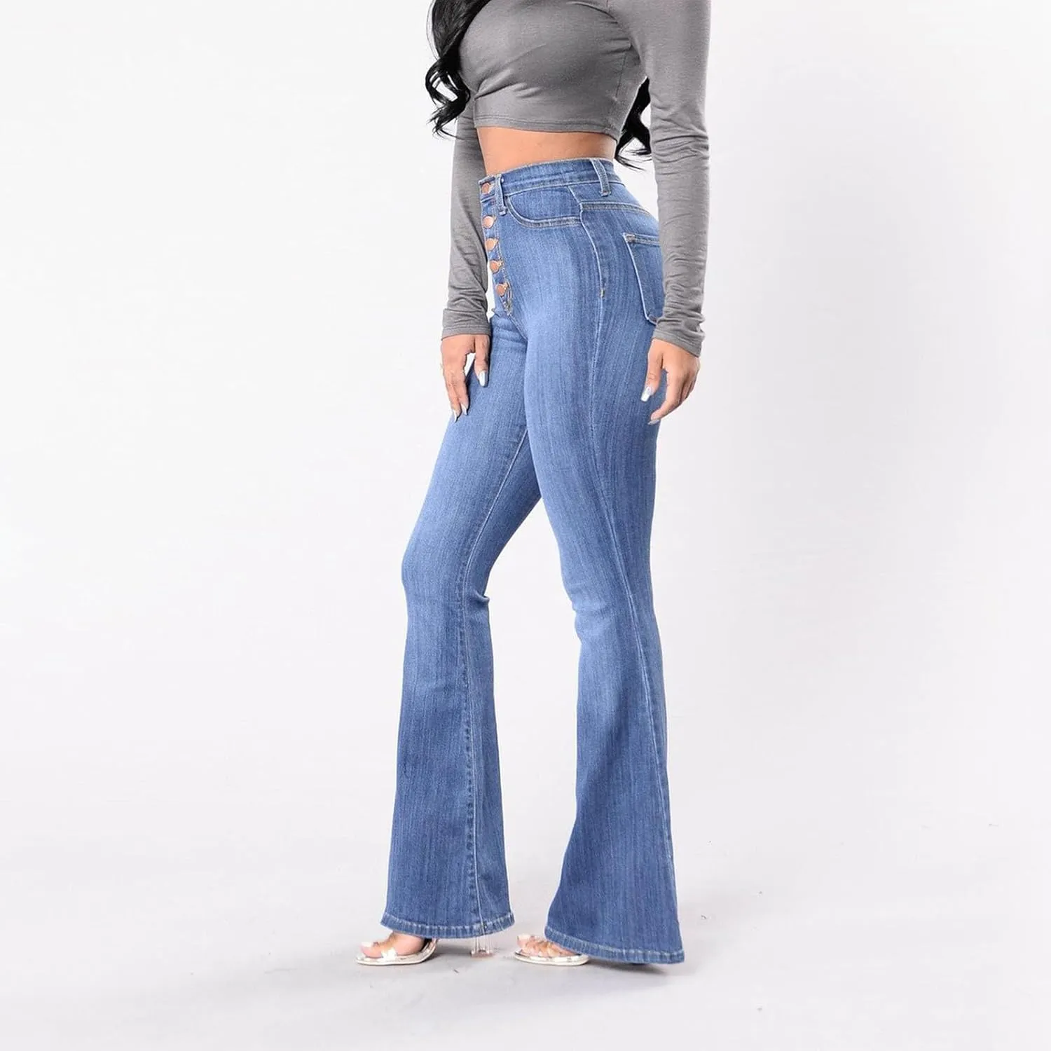 Jeans for Women Stretchy Bell Bottom High Waisted Jeans Slim Fit Flare Wide Leg Jeans Tummy Control with Pockets