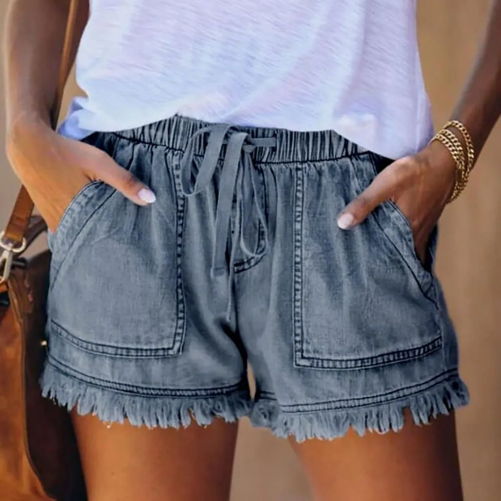 Jeans Shorts for Women Lightweight Drawstring High Waisted Denim Shorts Casual Summer Lounge Shorts with Pockets