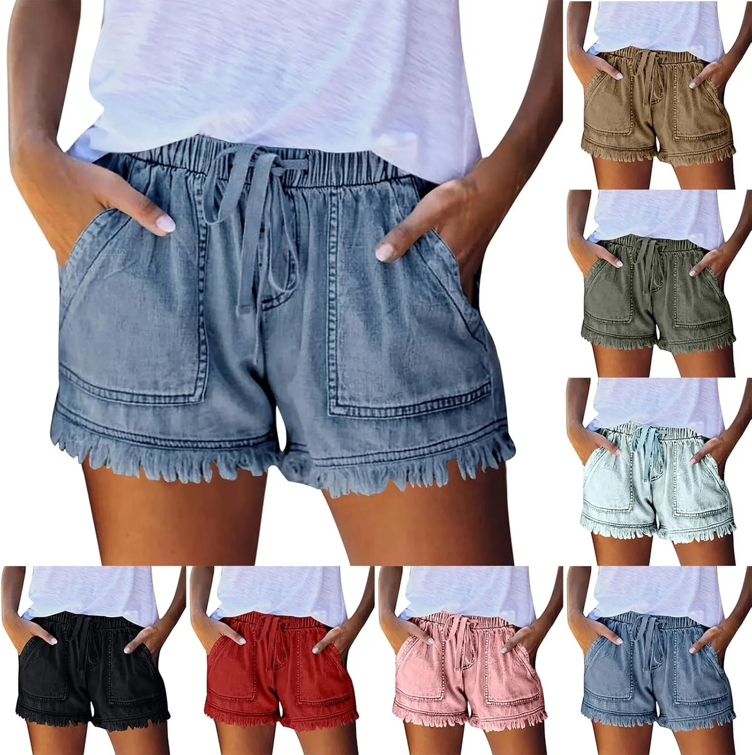 Jeans Shorts for Women Lightweight Drawstring High Waisted Denim Shorts Casual Summer Lounge Shorts with Pockets