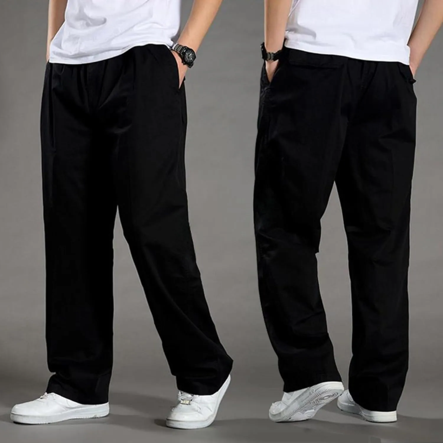 JEShifangjiusu Men's Relaxed Fit Elastic Waist Straight-Leg Chino Pant Casual Cotton Pants Loose Comfy Trousers