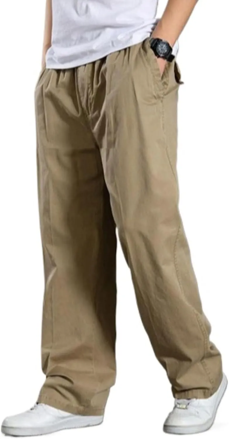JEShifangjiusu Men's Relaxed Fit Elastic Waist Straight-Leg Chino Pant Casual Cotton Pants Loose Comfy Trousers