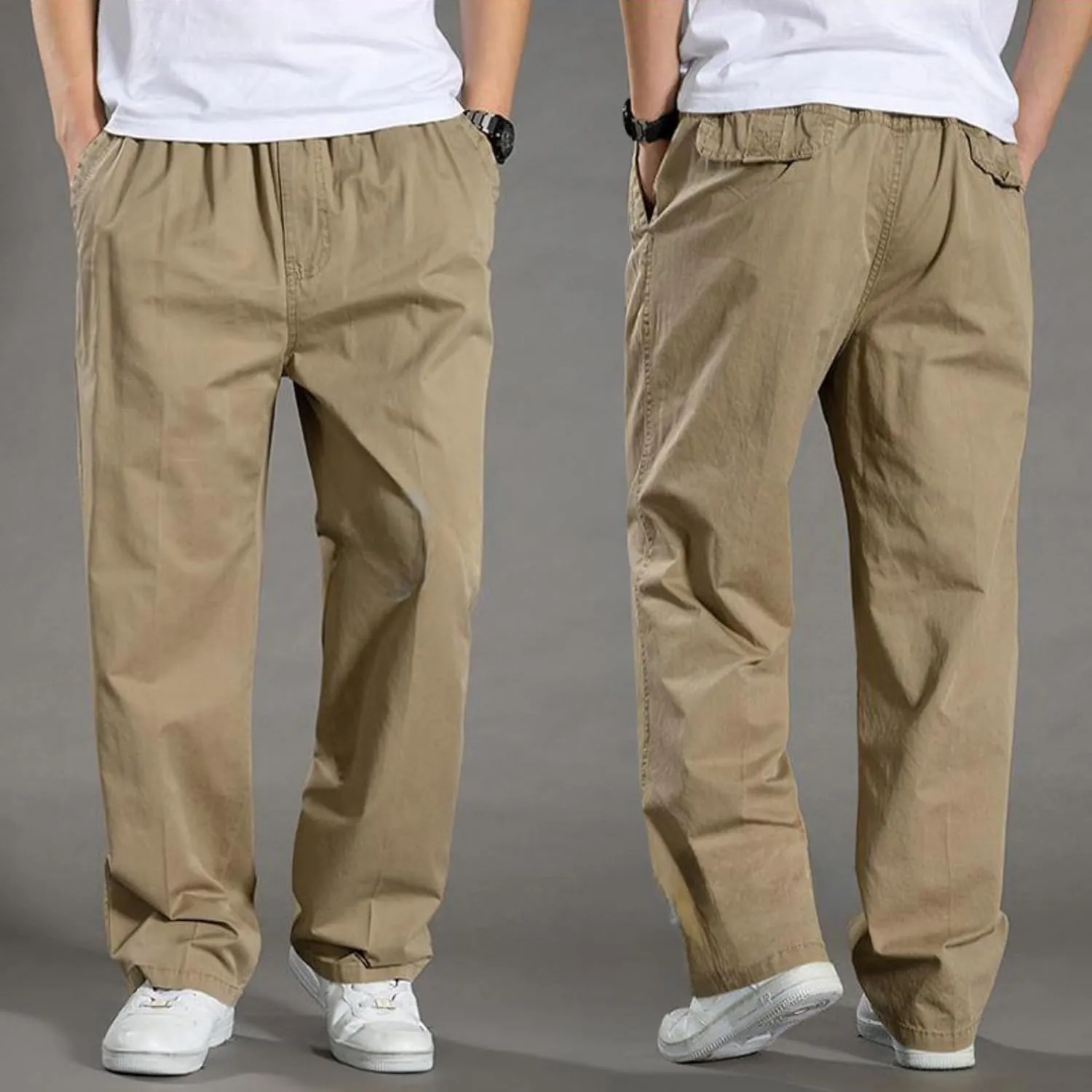 JEShifangjiusu Men's Relaxed Fit Elastic Waist Straight-Leg Chino Pant Casual Cotton Pants Loose Comfy Trousers