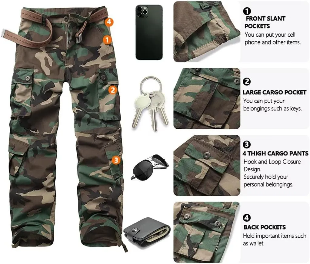 KOCTHOMY Cargo Pants for Men Cotton Camo Casual Pants Relaxed Fit Hiking Pants Men Work Pants with Multi-Pocket.