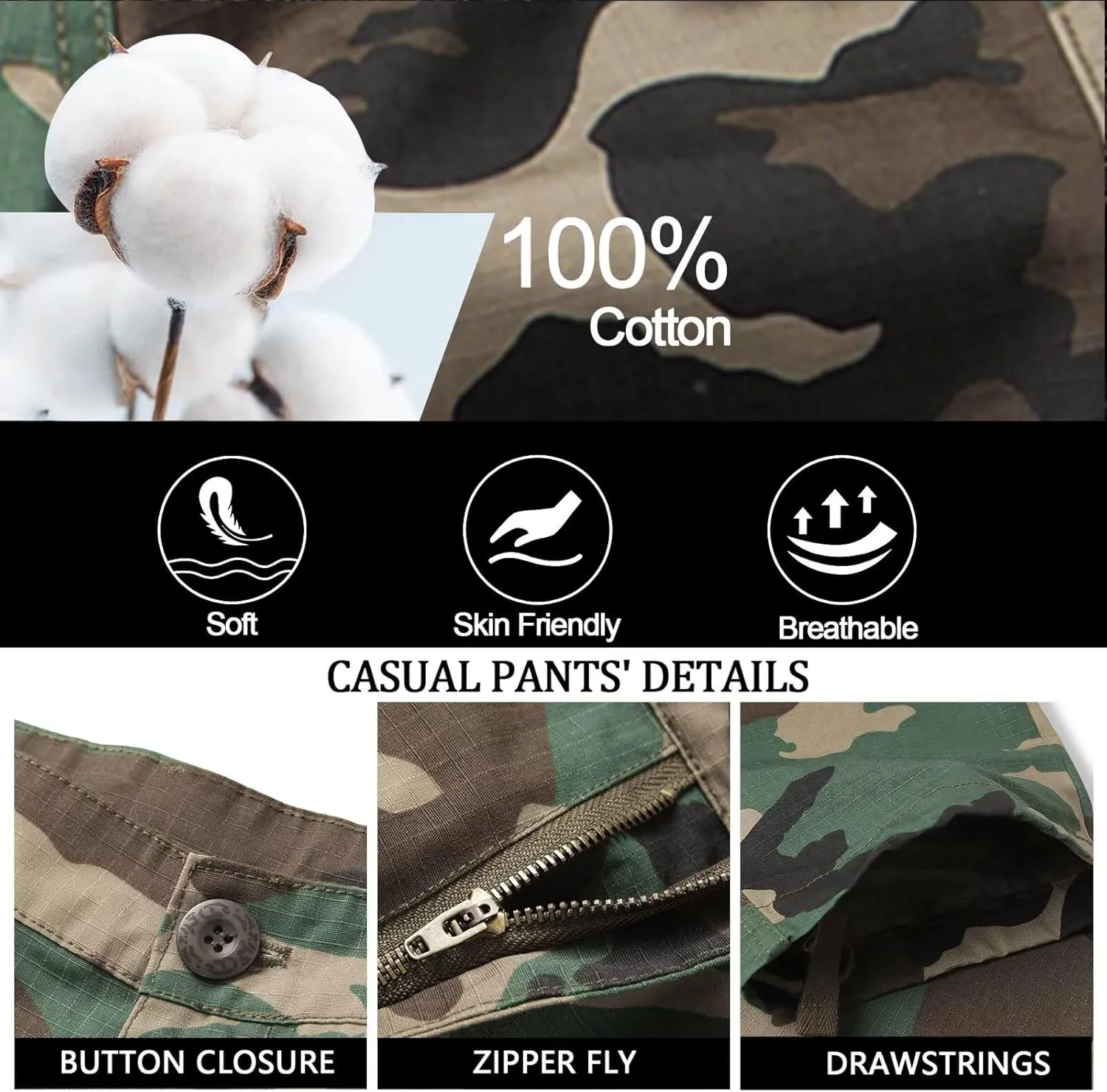 KOCTHOMY Cargo Pants for Men Cotton Camo Casual Pants Relaxed Fit Hiking Pants Men Work Pants with Multi-Pocket.