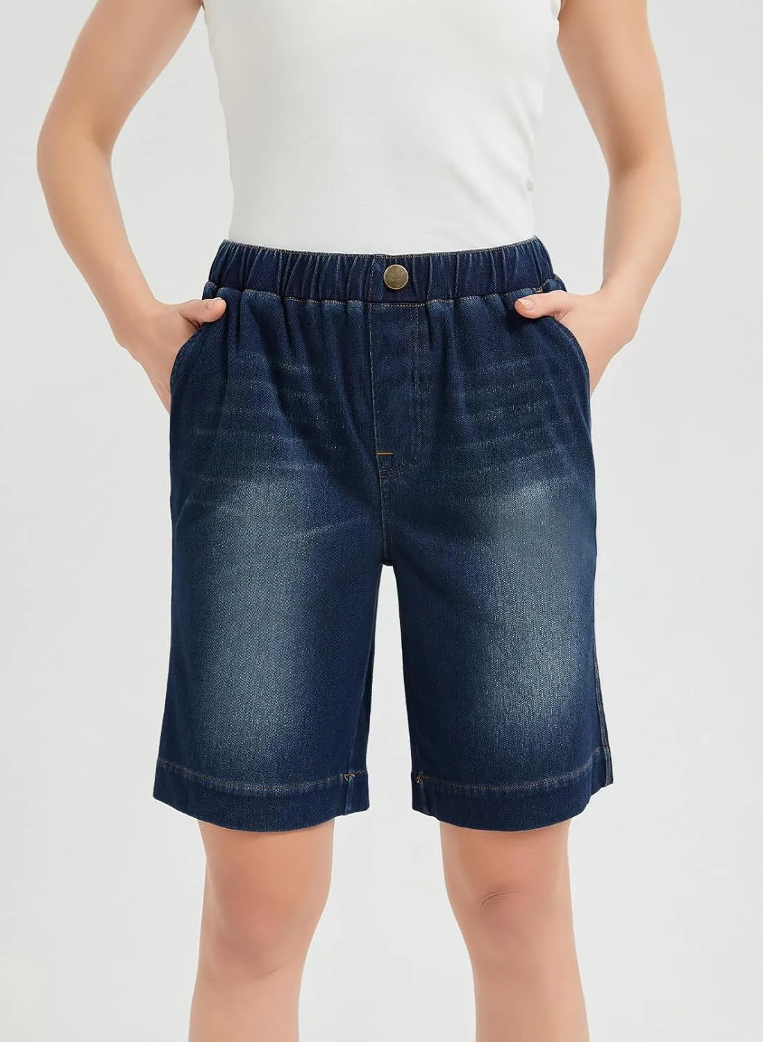 KYAL Bermuda Jean Shorts for Women High Waisted Elastic Waistband Denim Shorts Casual Summer Jean Shorts with Pockets