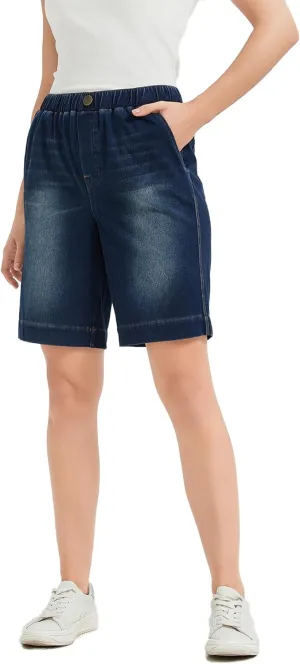 KYAL Bermuda Jean Shorts for Women High Waisted Elastic Waistband Denim Shorts Casual Summer Jean Shorts with Pockets