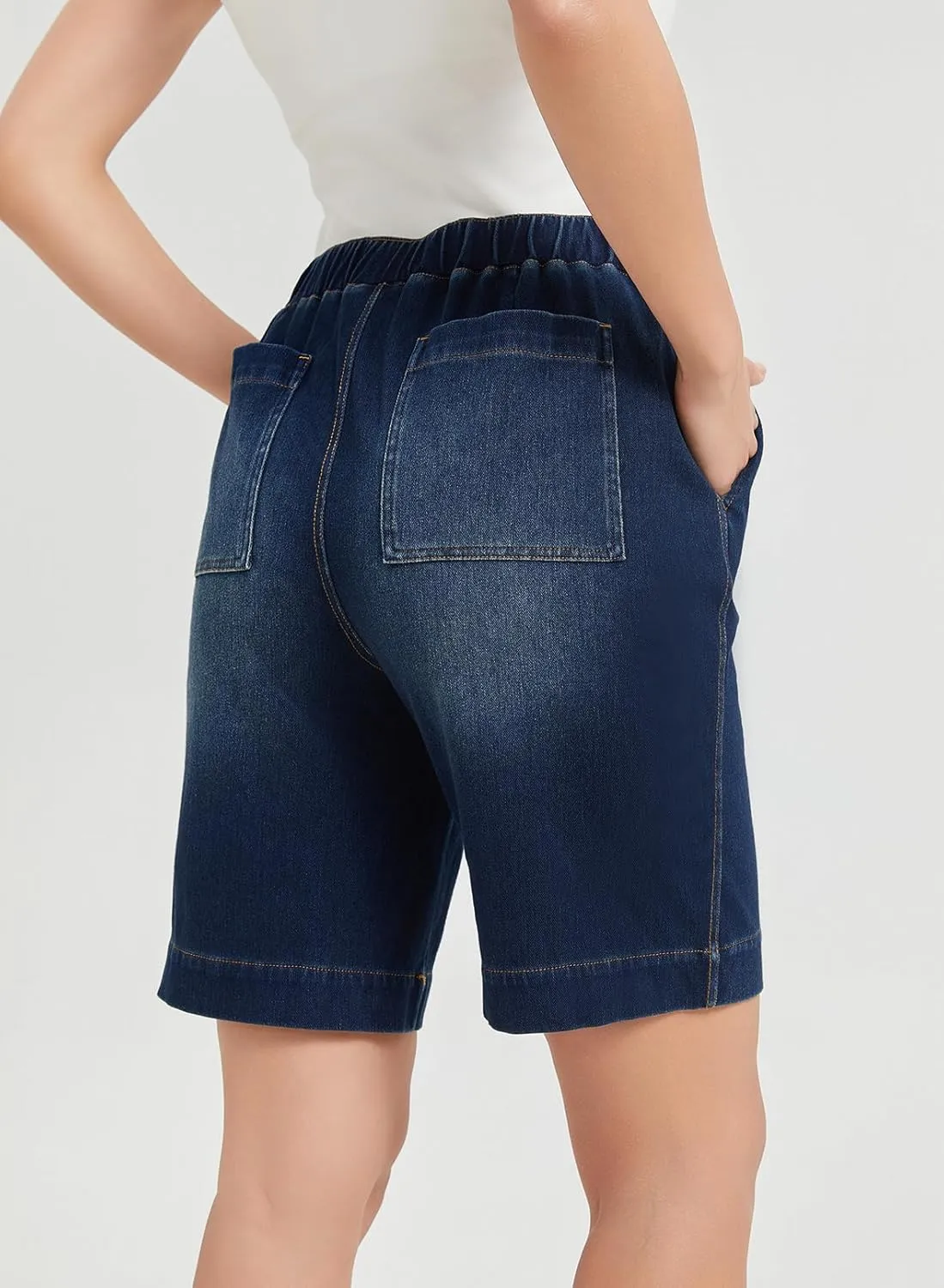 KYAL Bermuda Jean Shorts for Women High Waisted Elastic Waistband Denim Shorts Casual Summer Jean Shorts with Pockets