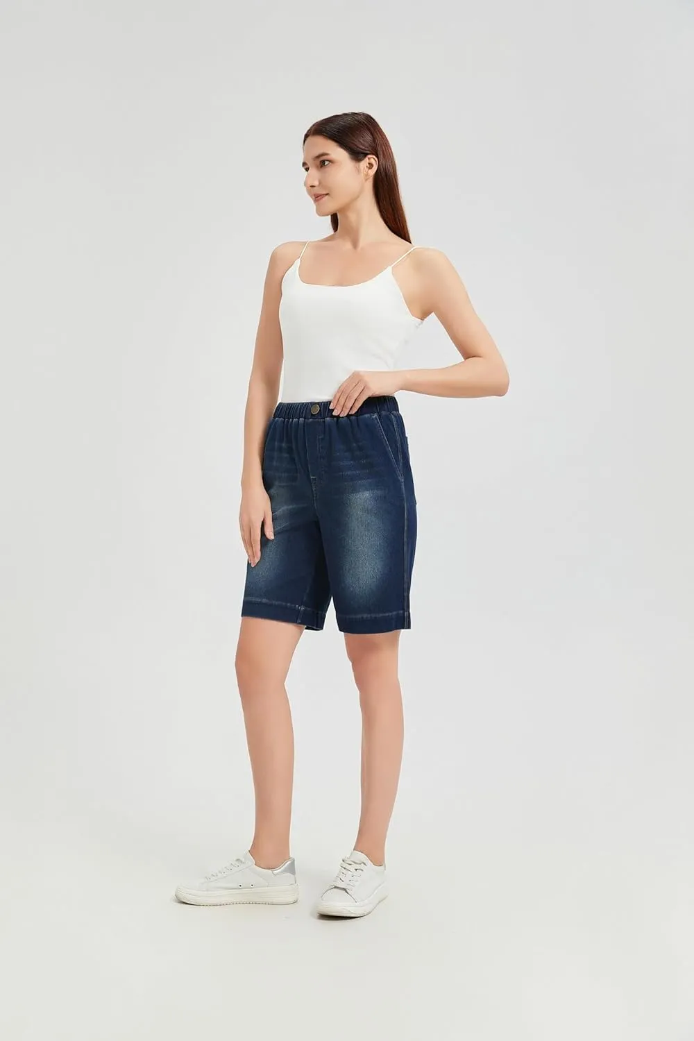KYAL Bermuda Jean Shorts for Women High Waisted Elastic Waistband Denim Shorts Casual Summer Jean Shorts with Pockets