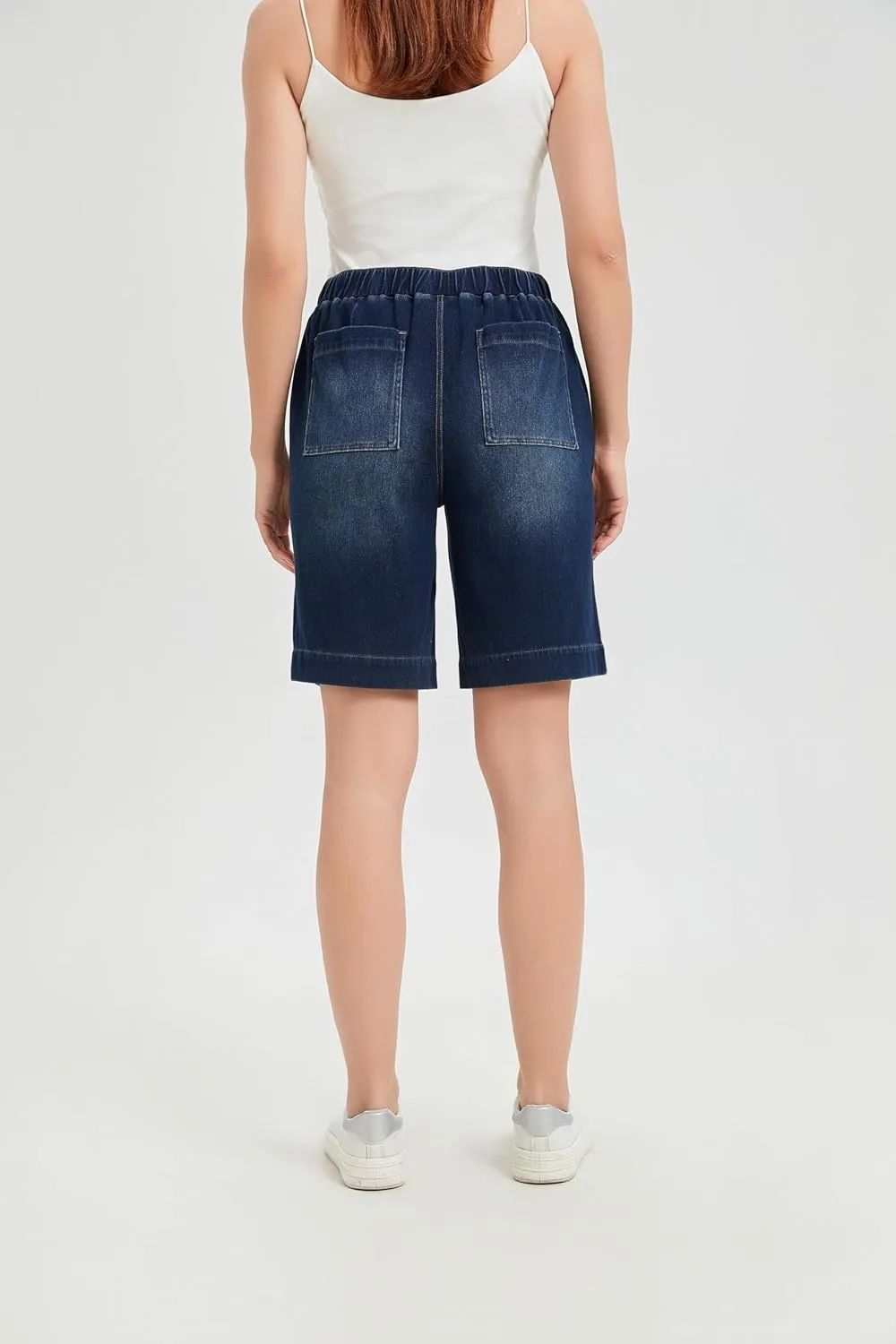 KYAL Bermuda Jean Shorts for Women High Waisted Elastic Waistband Denim Shorts Casual Summer Jean Shorts with Pockets