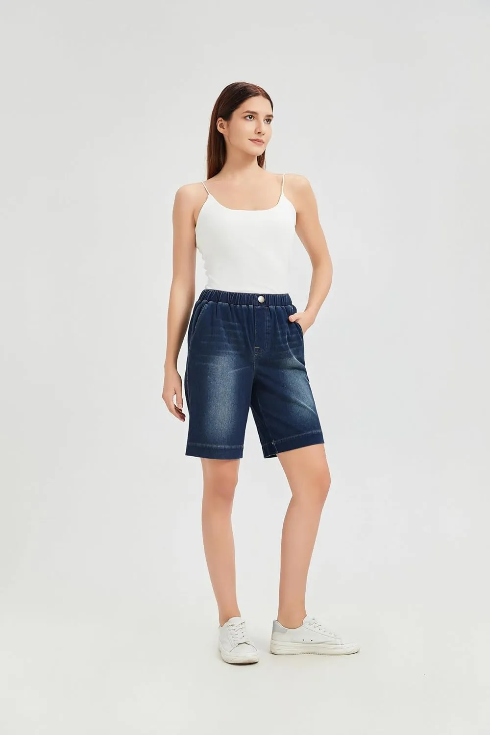KYAL Bermuda Jean Shorts for Women High Waisted Elastic Waistband Denim Shorts Casual Summer Jean Shorts with Pockets