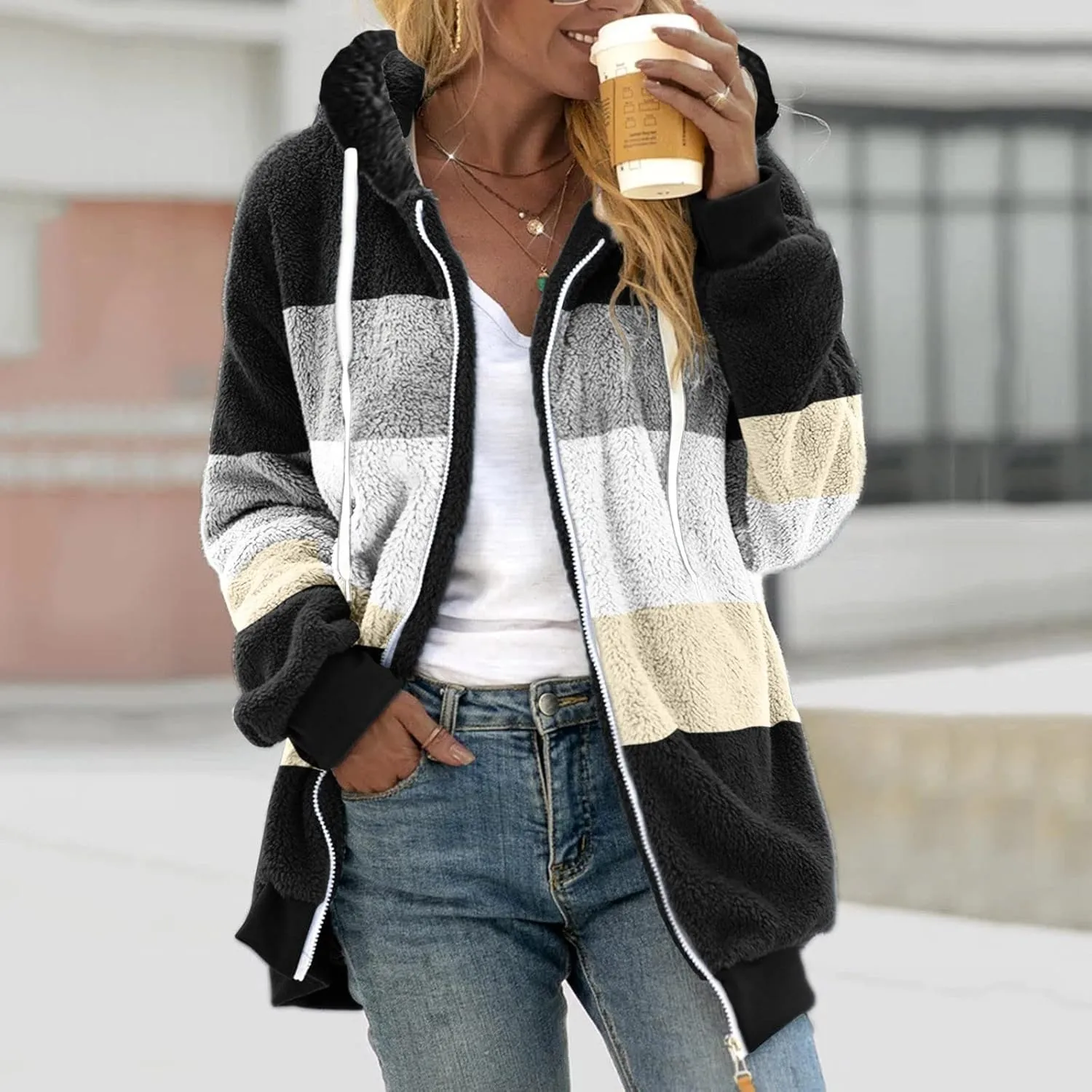 LCMTWX Winter Coats for Women 2023 Trendy Cute Hooded Pullover Sweatershirt Solid Artificial Full Zip Long Sleeve Casual
