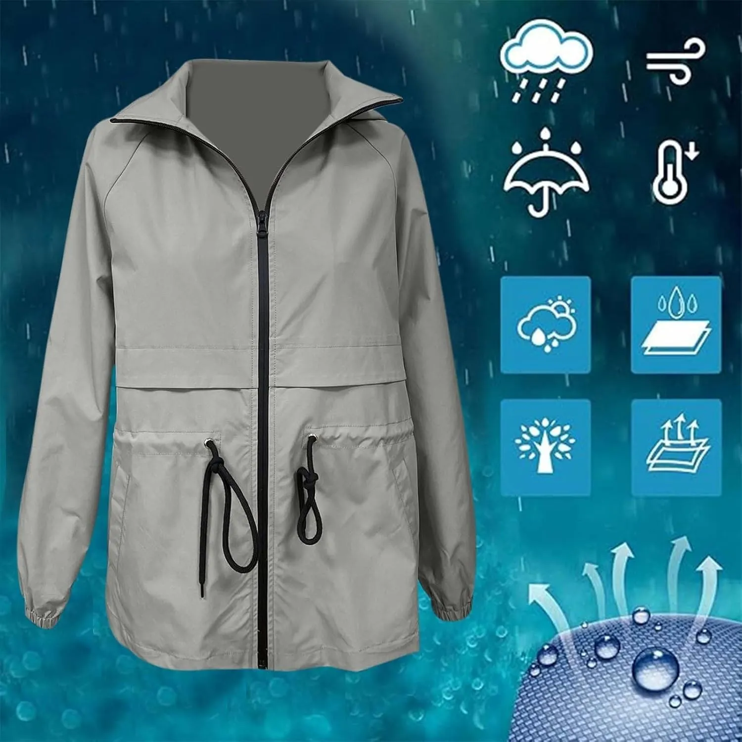 Lightweight Rain Jacket Women Raincoats Waterproof Windproof Adjustable Windbreaker Rain Coats Hooded with Pockets