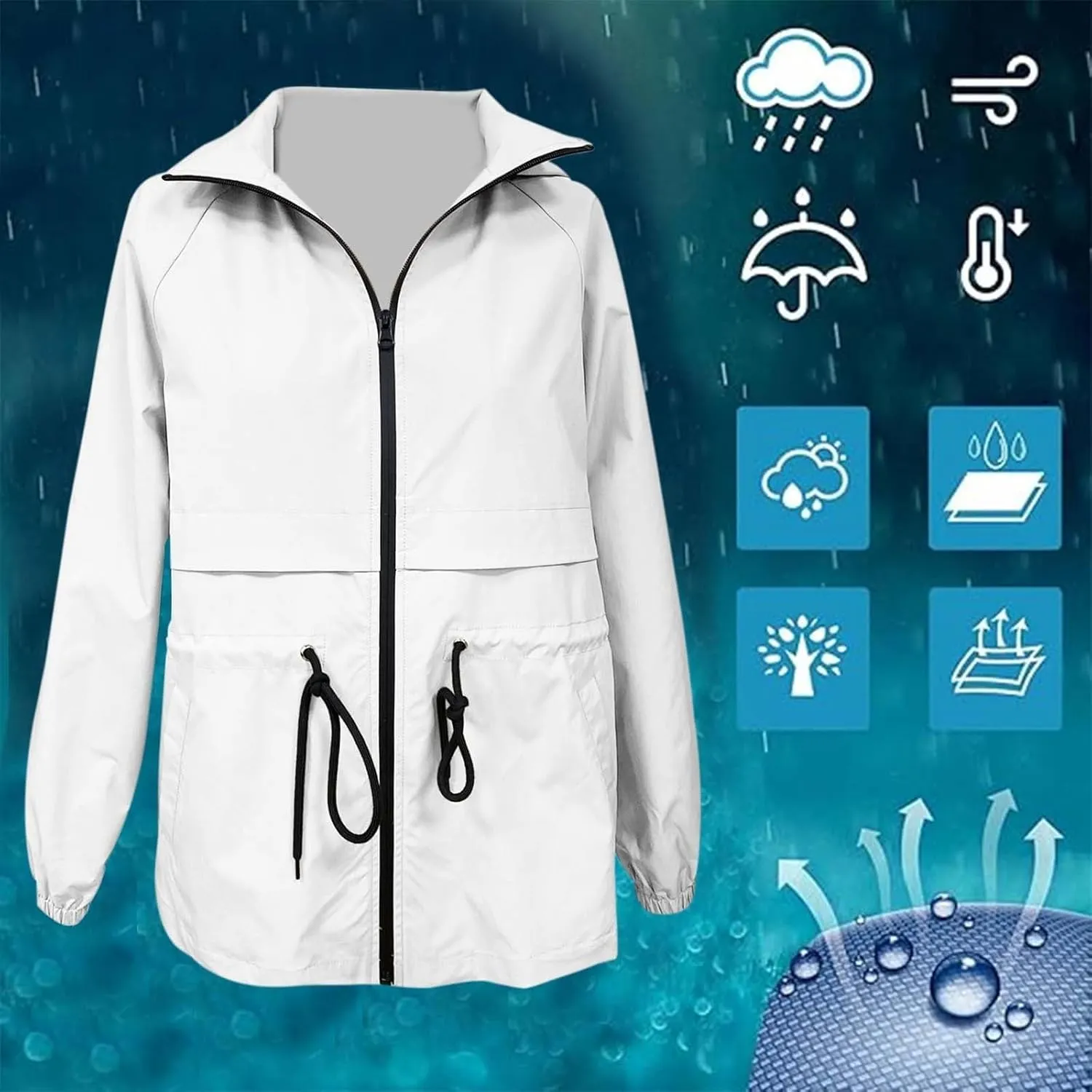 Lightweight Rain Jacket Women Raincoats Waterproof Windproof Adjustable Windbreaker Rain Coats Hooded with Pockets