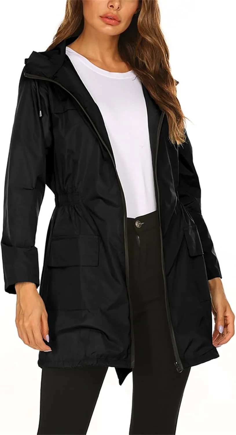 Lightweight Rain Jacket Women Waterproof Outdoor Hooded Raincoat Windbreaker Hiking Raincoat Windproof Trench Coats