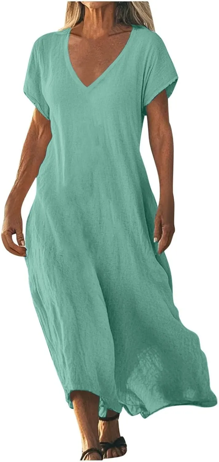Linen Casual Dresses for Women Flowy V Neck Short Sleeve 2025 Maxi Dress Lightweight Summer Beach Vacation Clothes