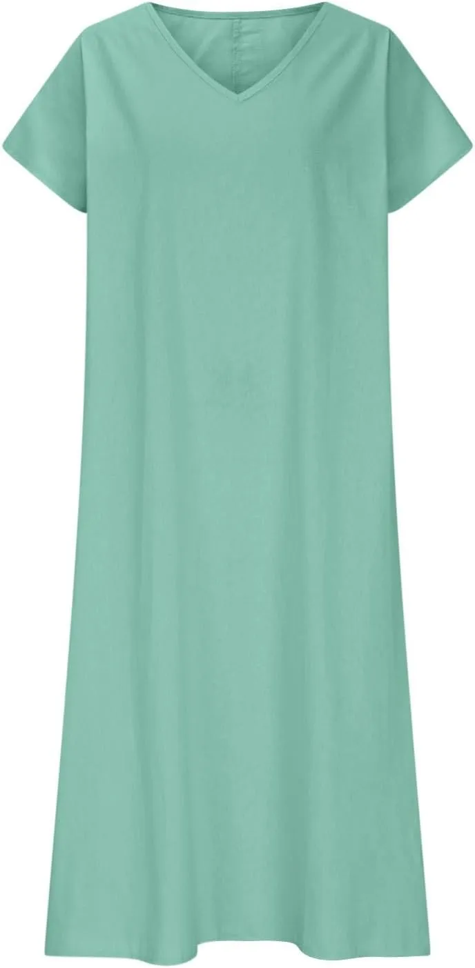 Linen Casual Dresses for Women Flowy V Neck Short Sleeve 2025 Maxi Dress Lightweight Summer Beach Vacation Clothes