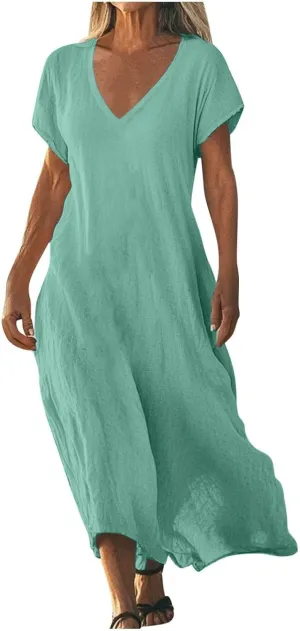 Linen Casual Dresses for Women Flowy V Neck Short Sleeve 2025 Maxi Dress Lightweight Summer Beach Vacation Clothes